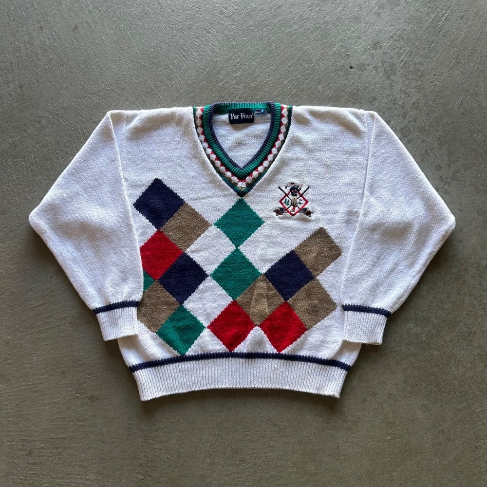 Vintage 90s Par Four Golf Sweater Size Large White V-Neck Knit Argyle Pullover